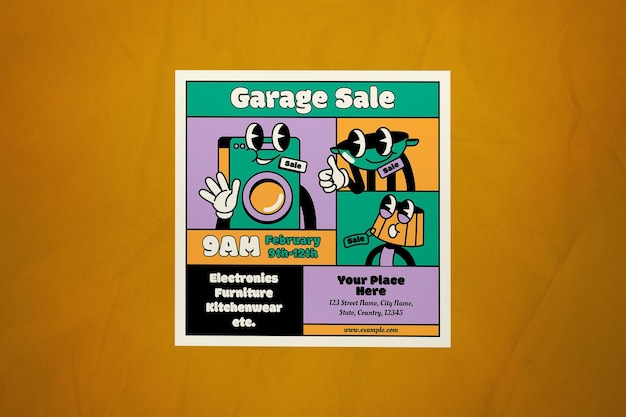 PSD publication instagram de vente de garage de dessin animé rétro vert