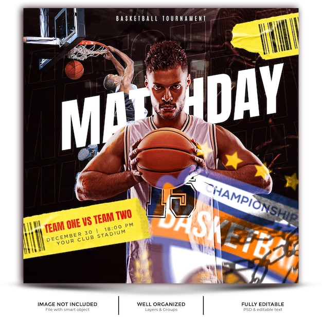 PSD publication sur les médias sociaux ou modèle imprimable du jour du match de basket-ball