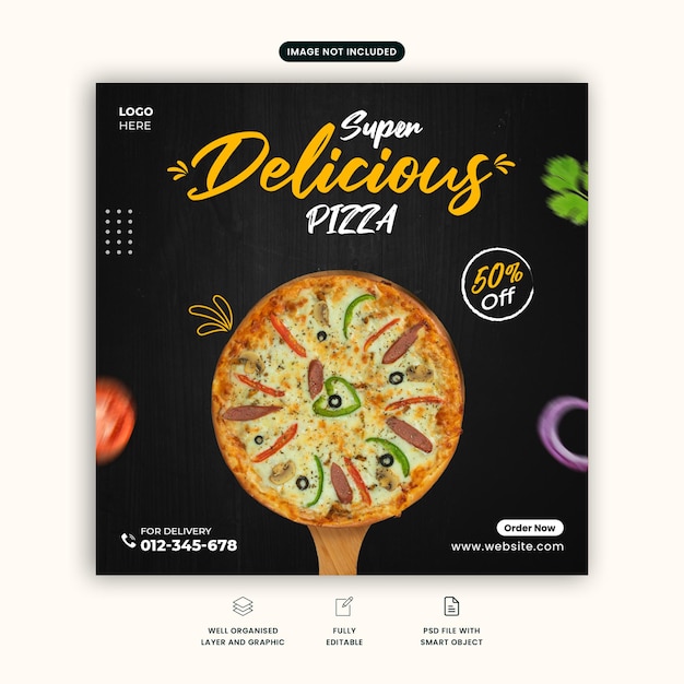 Publication De Pizza Sur Les Réseaux Sociaux. Menu Alimentaire Délicieuse Pizza Bannière De Médias Sociaux. Modèle Spécial De Promotion De Pizza. Pizza 50 % De Réduction.bannière De Restauration Rapide Sombre Avec Feuille De Tomate, D'oignon Et De Coriandre. Le Menu.