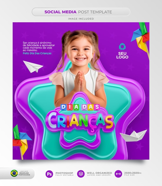 Publication Sur Les Réseaux Sociaux « joyeuse Fête Des Enfants » En Portugais Brésilien Pour Une Campagne Marketing