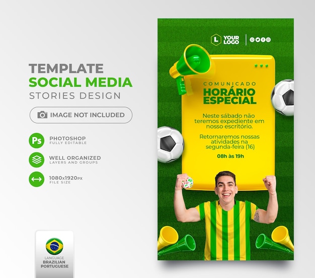 Publication sur les réseaux sociaux pour l'annonce de la coupe de football en rendu 3d portugais brésilien