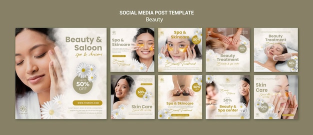 PSD publications instagram pour la beauté et le spa avec des fleurs de femme et de camomille