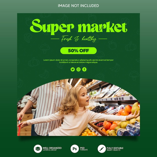 PSD publications instagram de supermarché design plat