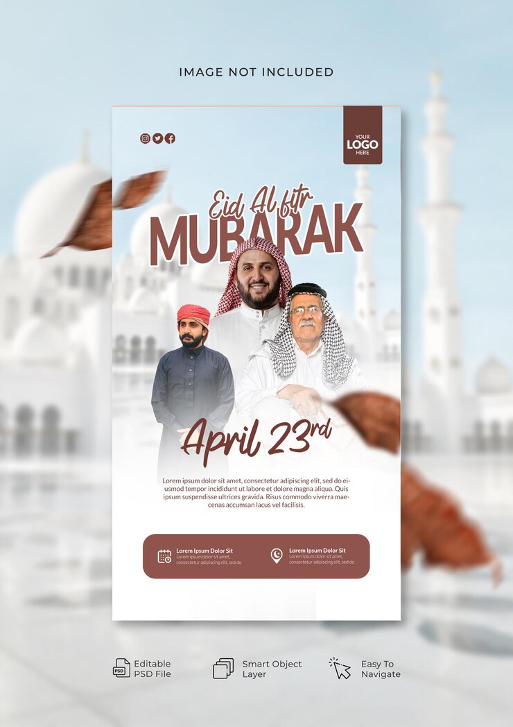 PSD une publicité pour l'aïd al-mubarak contient une photo de trois hommes.