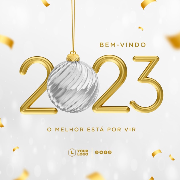 PSD publier le nouvel an 2023 sur les médias sociaux en portugais modèle de rendu 3d pour la campagne de marketing au brésil