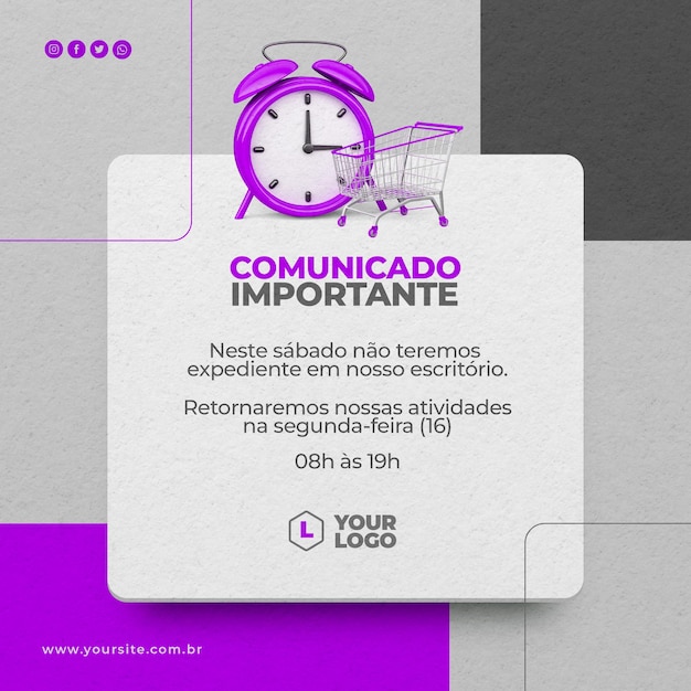 Publier sur les réseaux sociaux Annonce importante avec montre et icône shopping rendu 3d en portugais