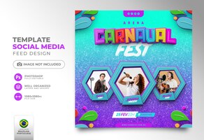 PSD publique el festival de carnaval de las redes sociales en portugués no brasil en un diseño de plantilla realista de renderizado 3d