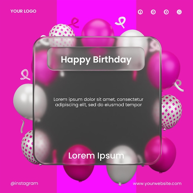 Publique mídias sociais de design de morfismo de vidro com renderização de aniversário de balão 3d