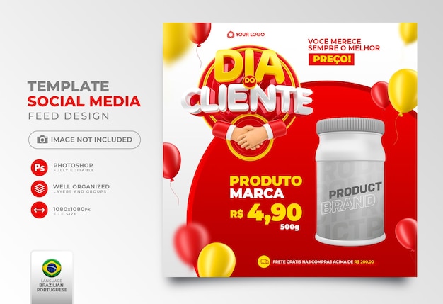 Publique o dia do cliente nas redes sociais em português renderização 3d para campanha de marketing no brasil