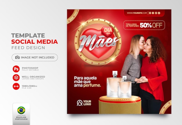 Publique la oferta del día de la madre en las redes sociales en portugués 3d para la campaña de marketing en brasil