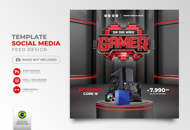 Publique la oferta de jugador del día de la madre en las redes sociales en render 3d portugués para la campaña de marketing en brasil