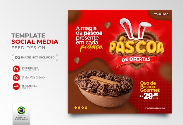 Publique ofertas de páscoa de mídia social no Brasil em 3d render descontos e promoções realistas