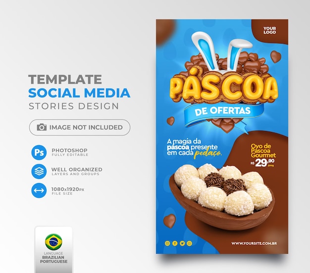 Publique ofertas de páscoa de mídia social no Brasil em 3d render descontos e promoções realistas