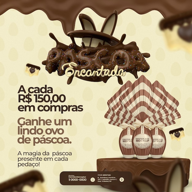 Publique ofertas de páscoa de mídia social no Brasil em 3d render descontos e promoções realistas