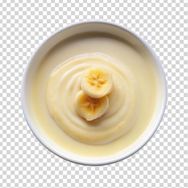 PSD pudding à la vanille avec une tranche de banane sur un bol blanc vue de haut isolé sur un fond transparent