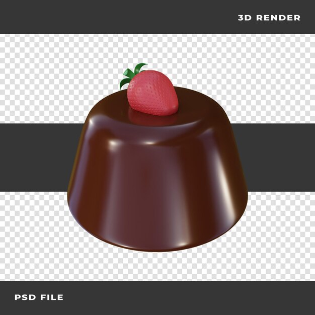 Pudim de chocolate 3d com morango renderizado em fundo transparente