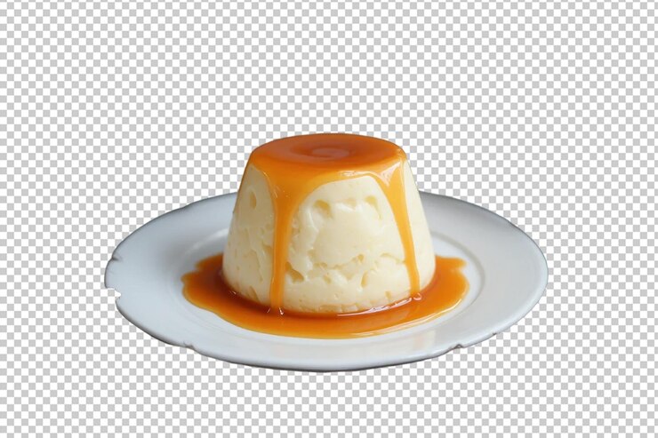 Un pudín blanco con salsa de caramelo en un plato blanco sobre un fondo transparente