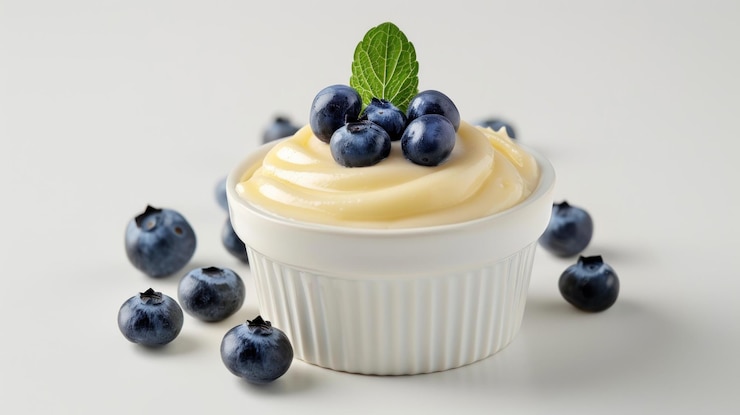 PSD pudín de vainilla cremoso cubierto de arándanos frescos y menta en un ramekin blanco