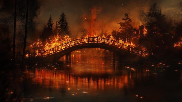 PSD puente en llamas en un bosque por la noche las llamas envuelven un puente arqueado de madera sobre un lago que refleja el fuego