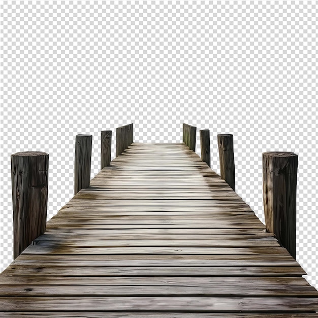 Un puente de madera con un poste de madera y un fondo blanco con un poste de madera