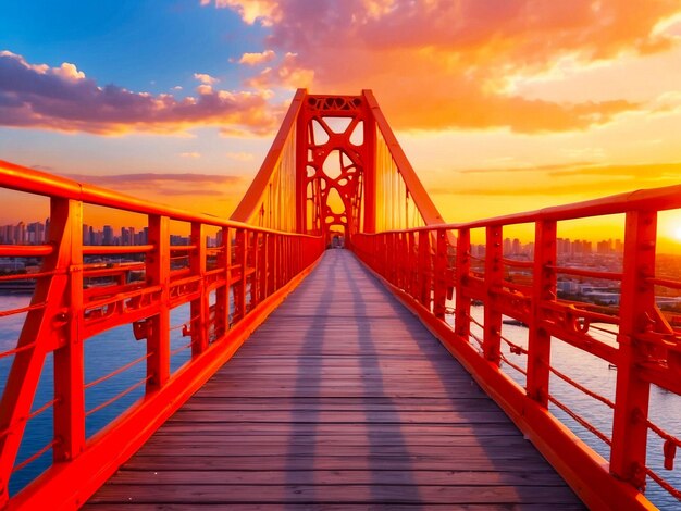 PSD un puente rojo con una puesta de sol en el fondo