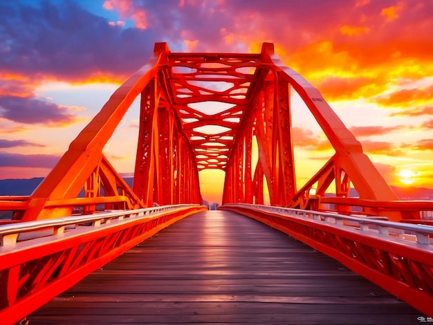 PSD un puente rojo con una puesta de sol en el fondo