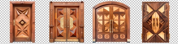 PSD puerta art deco con incrustaciones geométricas de madera y detalles de bronce aislados sobre un fondo transparente