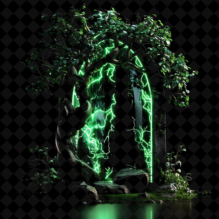PSD puerta del bosque mágico con árboles que hablan y sprites del bosque png y2k colección de colores de neón de forma