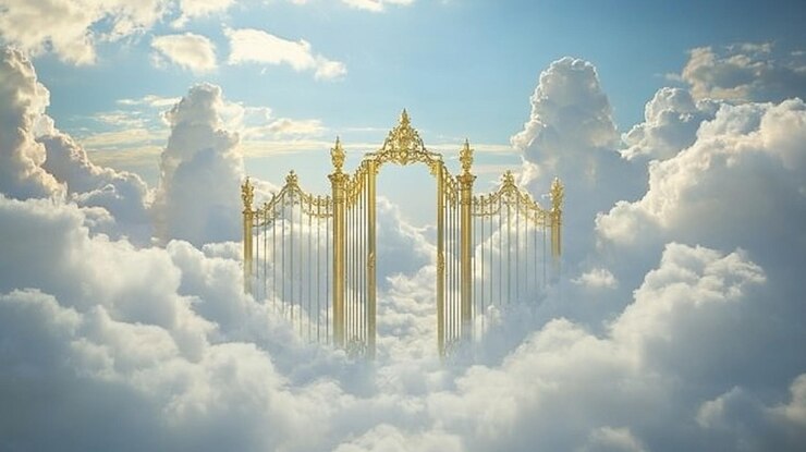 PSD la puerta dorada se abre en el cielo entre las nubes esponjosas