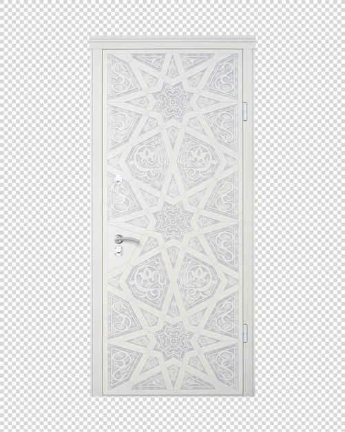 Puerta de entrada clásica blanca con un patrón de estrellas. Primer plano. Hermosa puerta para la casa.