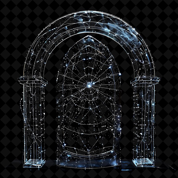 PSD puerta intergaláctica con red cósmica y filamentos de plata hecha de png y2k colección de colores de neón en forma