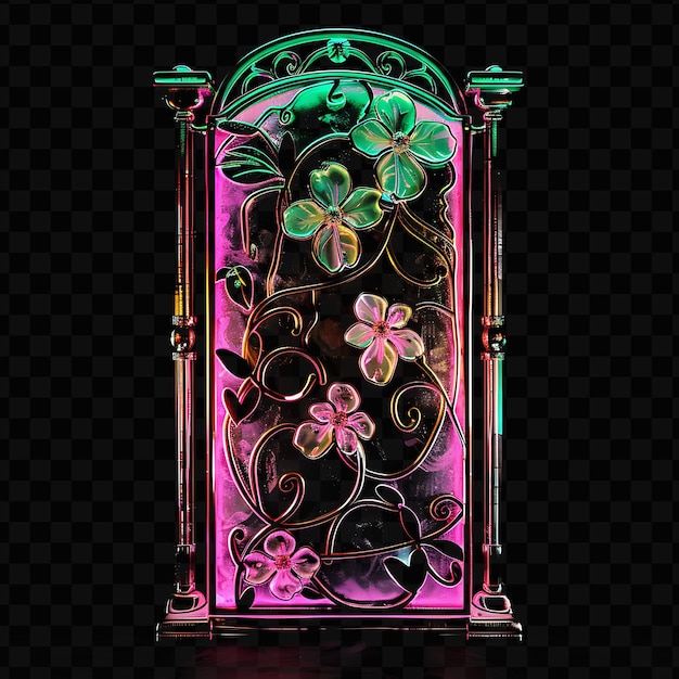 PSD puerta de jardín decorativa con diseños florales y diseño de ligadura de neón rosa marco cnc arte tinta creativa psd