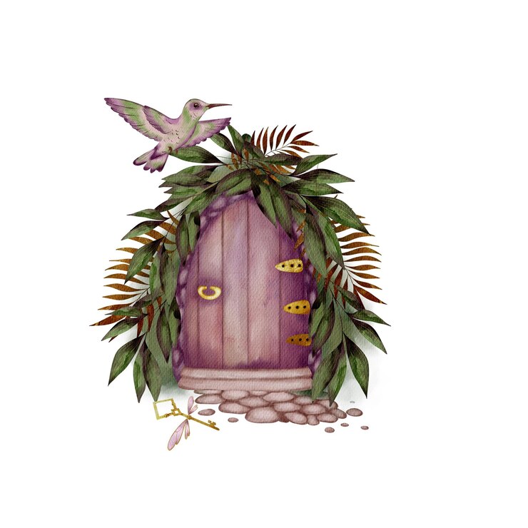 PSD puerta del jardín encantada con colibrí y vegetación exuberante en colores vibrantes