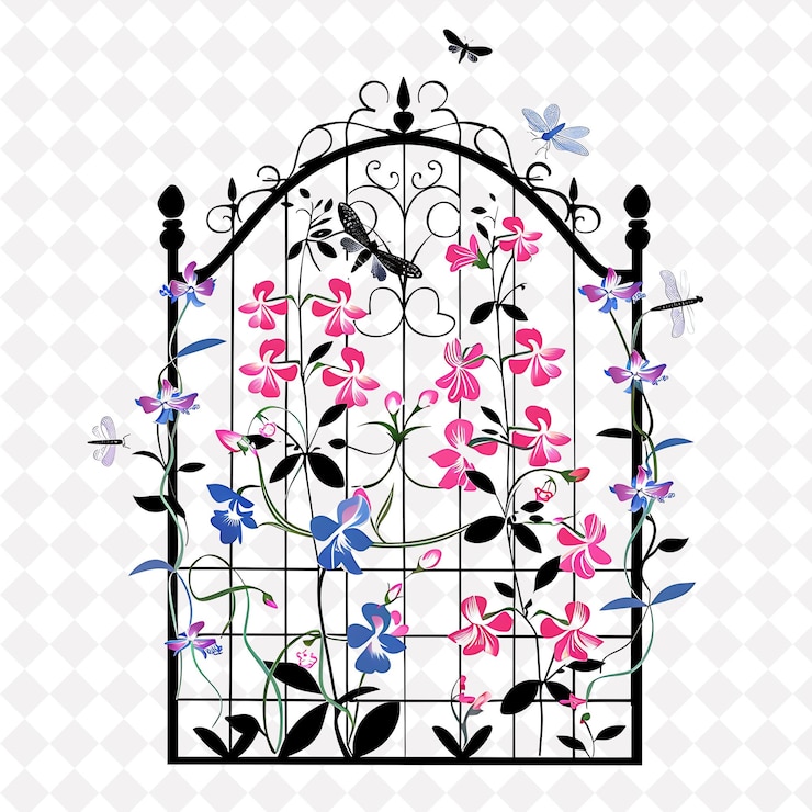 PSD una puerta de metal con flores y mariposas en ella