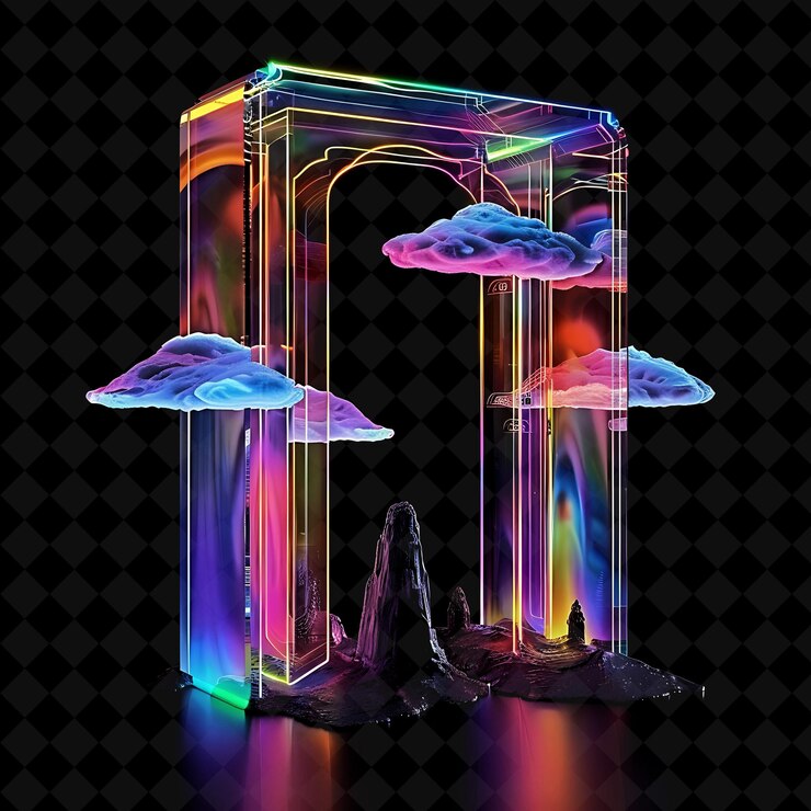 PSD puerta del mundo de los sueños con paisajes surrealistas y nubes flotantes png y2k colección de colores de neón de forma