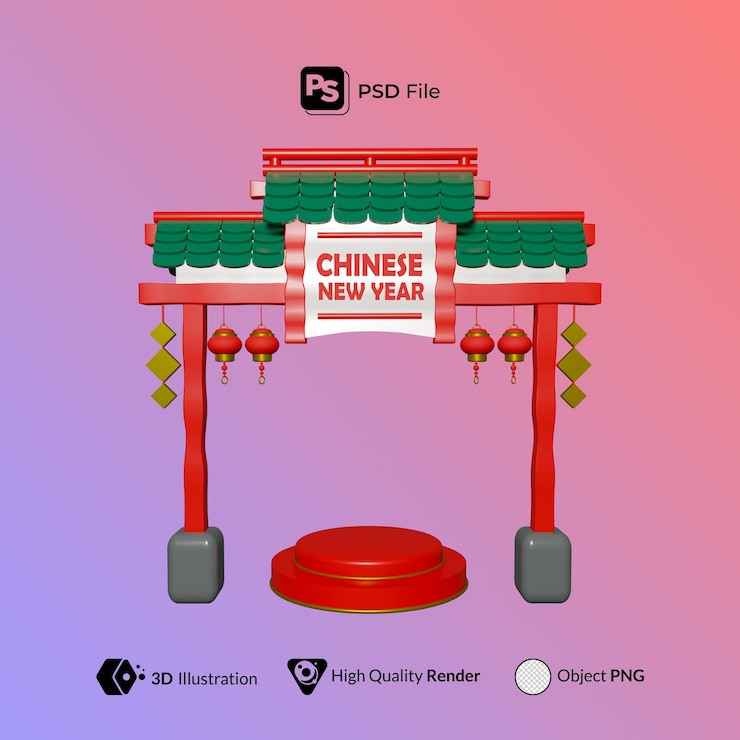 PSD puerta, con, podio, año nuevo chino, 3d, ilustración