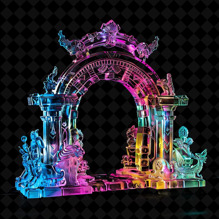 PSD puerta del reino de la fantasía con criaturas míticas y artefactos mágicos png y2k colección de colores de neón de forma