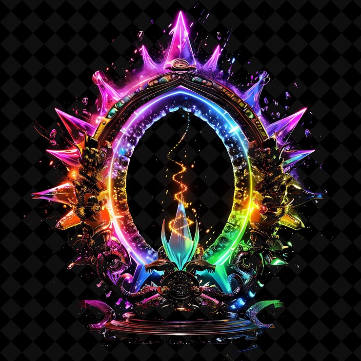 PSD puerta del reino de la fantasía con criaturas míticas y artefactos mágicos png y2k colección de colores de neón de forma