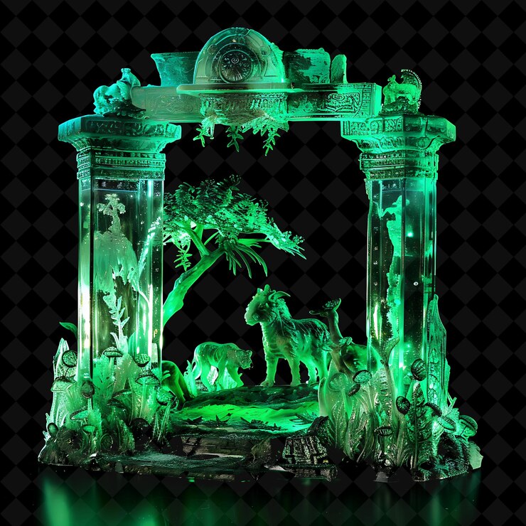 PSD puerta del templo de la selva con antiguas ruinas y animales exóticos mad png y2k colección de colores de neón de forma