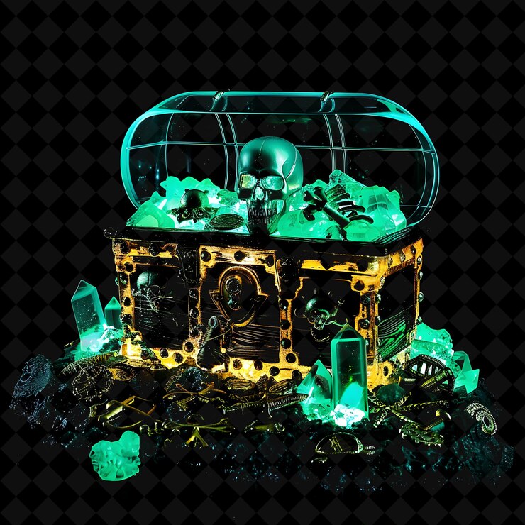 PSD puerta del tesoro pirata con calavera y huesos cruzados y doblones png y2k colección de colores de neón de forma