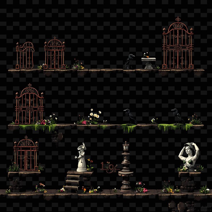 PSD puertas de hierro pixeladas flores marchitadas estatuas de cuervos puertas de hierro oxidadas con activos de juego de detalles intrincados