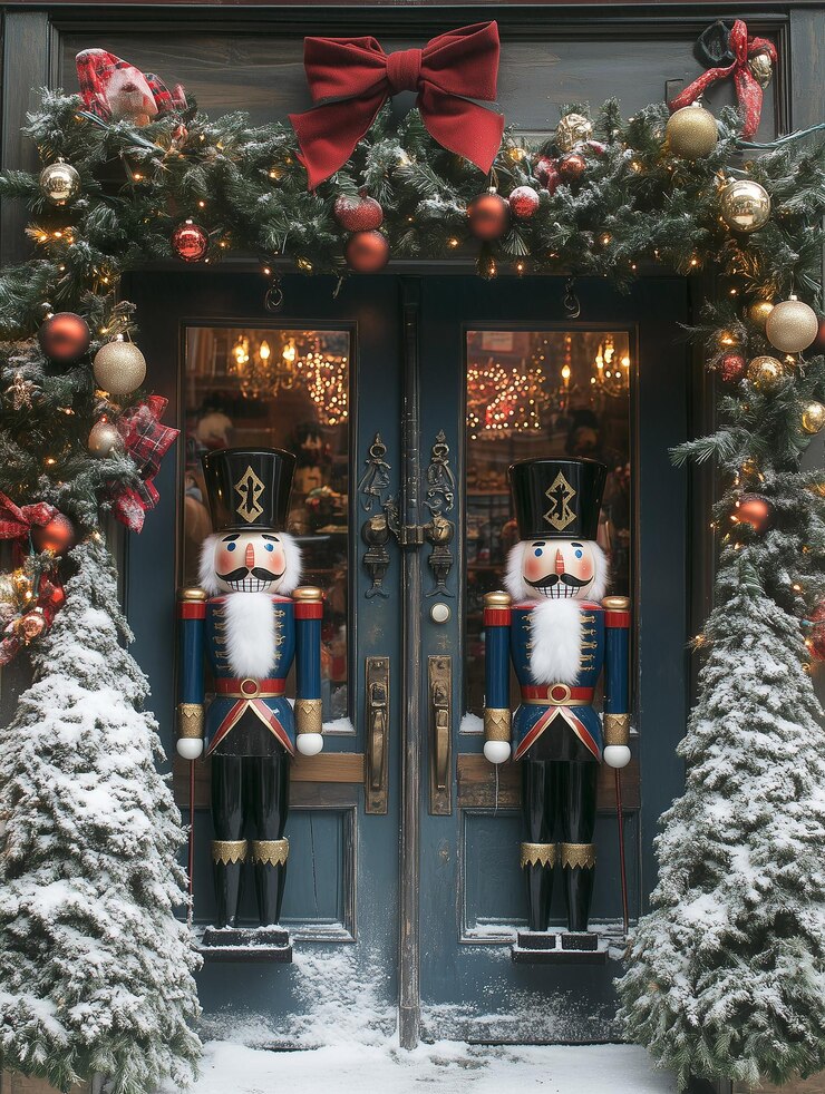 PSD puertas de tiendas navideñas con rompecabezas y decoraciones navideñas