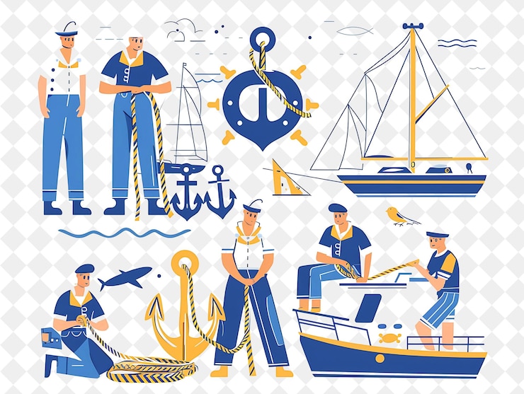 PSD el puerto náutico con personajes de marineros atando el nudo diseño de la gente estilo de vida ilustración plana