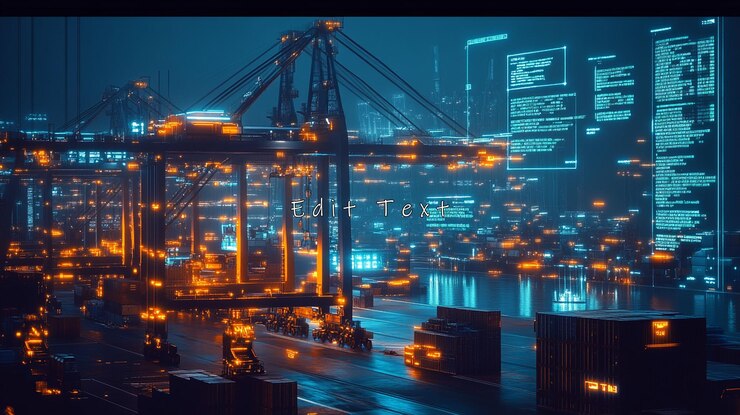 PSD puerto nocturno futurista con superposición de datos digitales