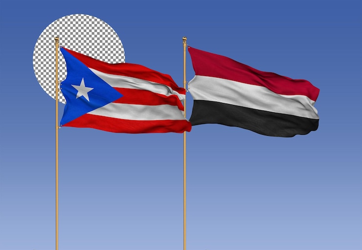 PSD puerto rico and yemen wavy flags together bilateral relations 3d rendering
