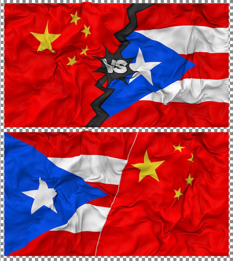 PSD puerto rico contra china media bandera combinada con textura 3d de la tela