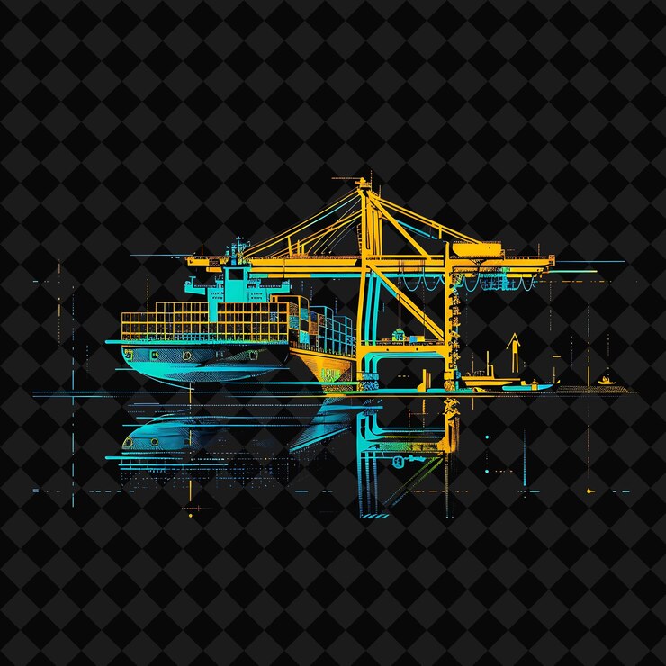 PSD puertos comerciales de neón activos con una silueta de una colección de png y2k ocean of light