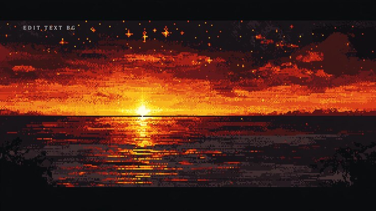 PSD puesta de sol ardiente sobre el océano tranquilo con estilo de pixel art