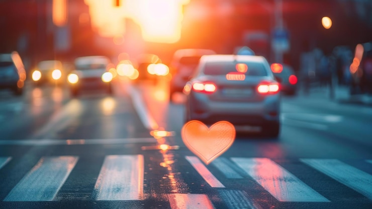 PSD puesta de sol borrosa en la calle de la ciudad con bokeh en forma de corazón en el cruce peatonal