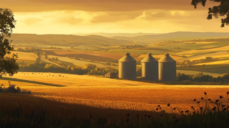 PSD la puesta de sol de la hora dorada sobre las tierras de cultivo agrícolas con tres silos